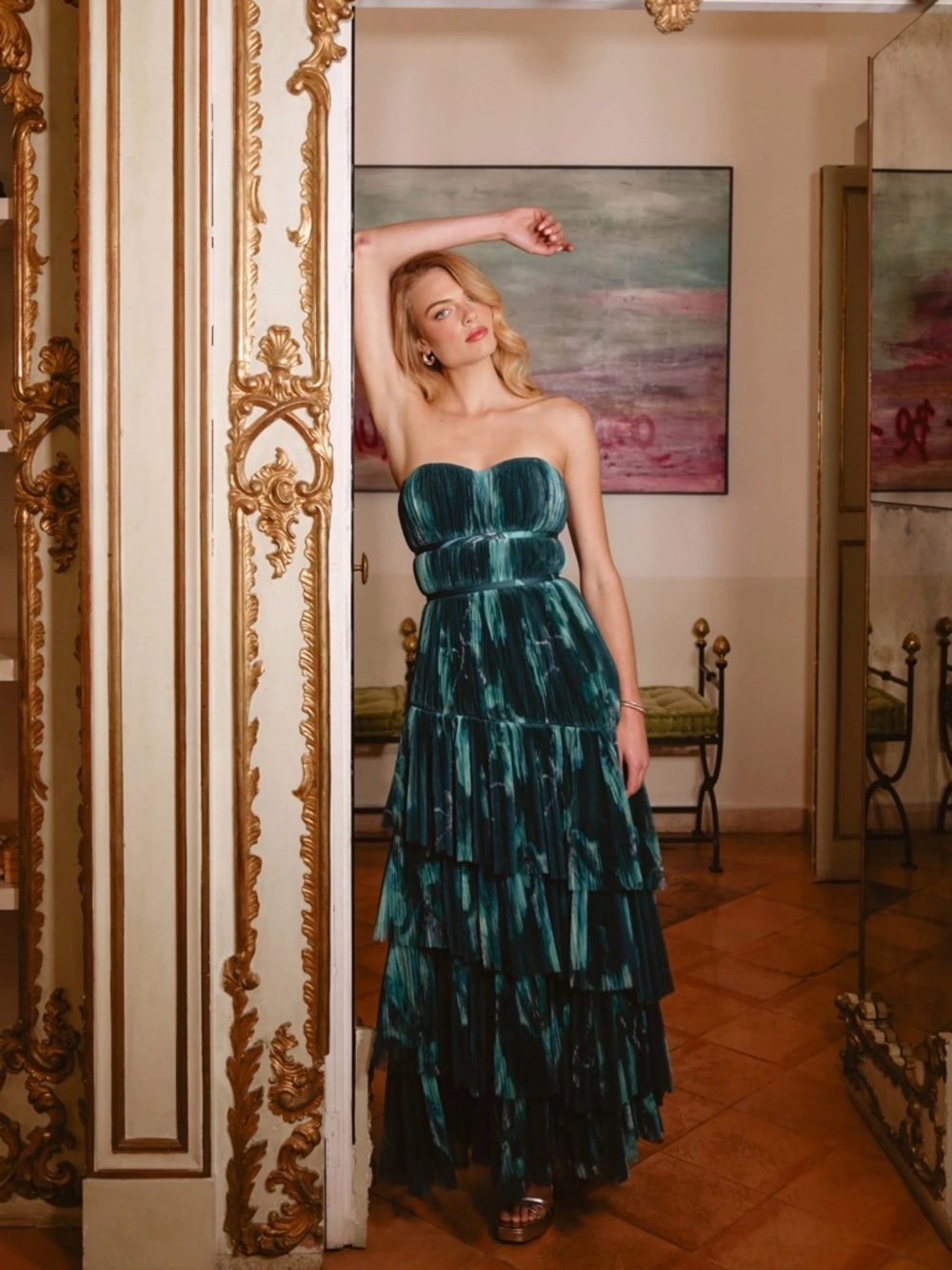 Hutch Lanza gown Strapless Teal Tiered Evening Dress